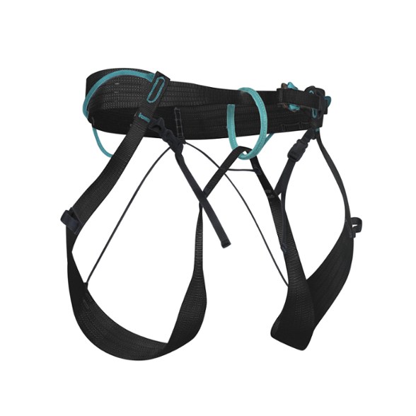 Blue Ice Choucas harness from the front, showcasing the adjustable leg loops and gear loops.