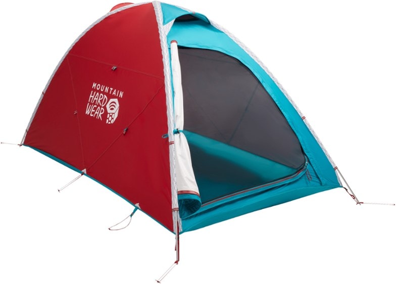 Front view of SummitLite AC2 2-person tent pitched on rocky alpine terrain, showcasing the sleeved-pole mountaineering tent design.