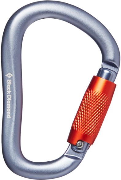 Front view of ClimbSure RockLock Pro Twistlock Carabiner clipped into belay loop with rope in use