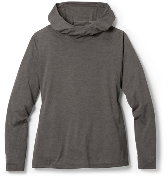 Front view of women's moisture-wicking hoody with hood up, showcasing sun protection apparel features