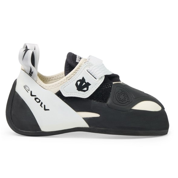 Side view of Evolv V6 LV women's climbing shoes showing downturned toe and strap closure