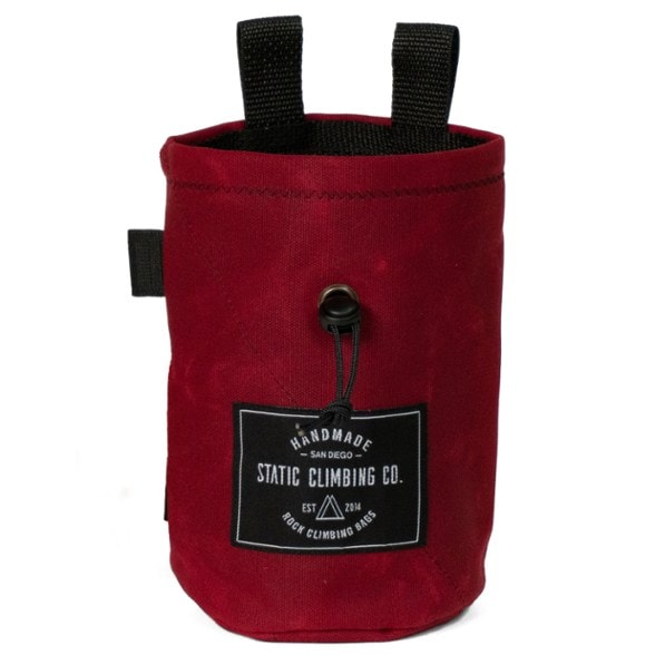Close-up of the waxed canvas material on the climbing chalk bag.