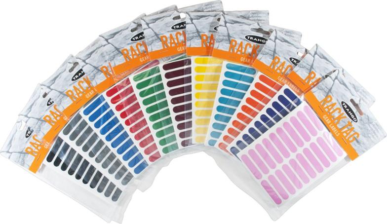 Close-up of Trango durable rack tags on climbing gear, showing vibrant colors.