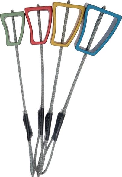 Close-up of Wild Country Elite rock climbing wire nuts set #11-14 with color-anodized heads