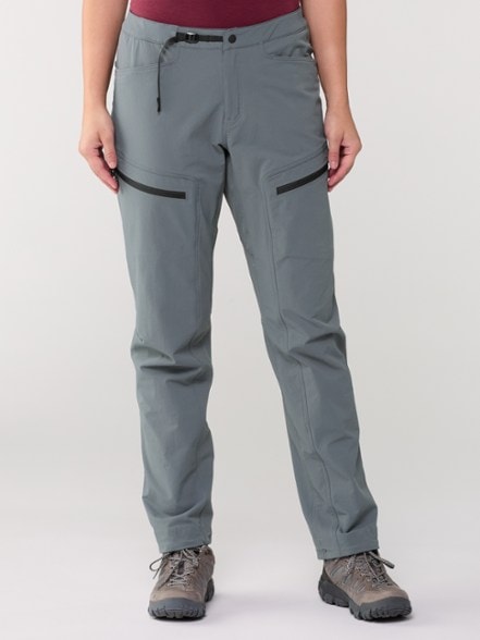 Chockstone women's climbing pants showcasing flexibility during a rock climb.