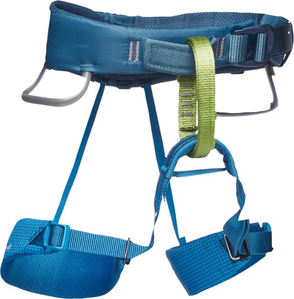 Front view of Black Diamond Kids Momentum Climbing Harness showing its secure buckle and padded design.