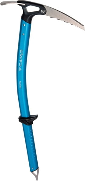 Side view of C.A.M.P. Zenith lightweight ice axe showing ergonomic bent shaft and classic curved pick, ideal mountaineering gear