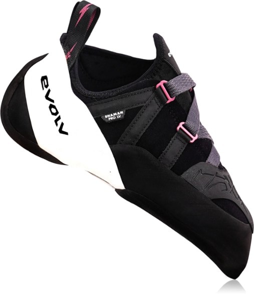 Side view of Evolv Shaman Pro LV climbing shoes showcasing the downturned toe design.