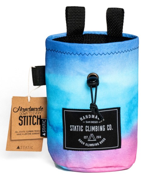 STATIC Ombre Pro chalk bag in use on a climbing wall, showcasing its size and color.