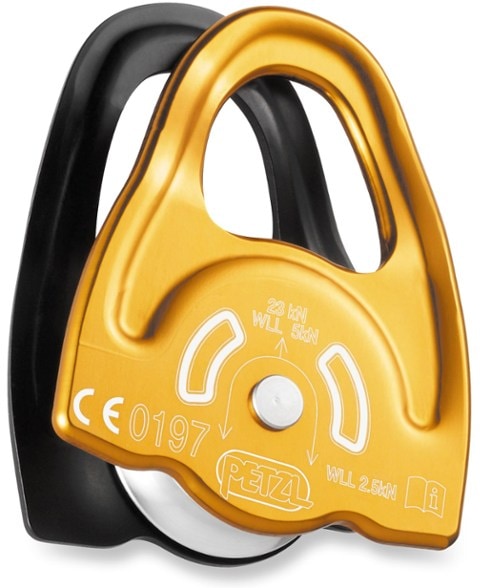 Compact prusik climbing pulley shown on a harness, highlighting its lightweight design