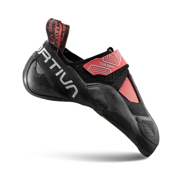 La Sportiva Theory women's climbing shoes from the side, showcasing their sleek design and rubber toe caps.