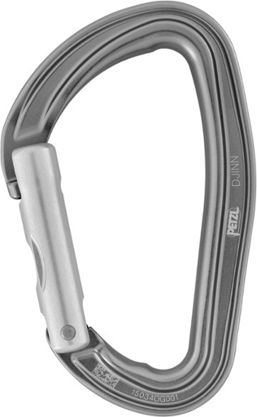 Petzl Djinn climbing carabiner with a straight gate, showcasing ergonomic design.