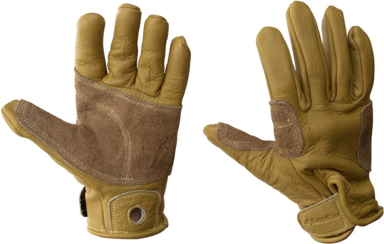 Metolius Elite Belay Gloves showcasing the high-grade cowhide leather and triple-stitched palms from a side view.