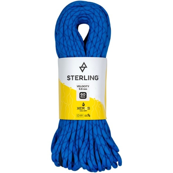 Sterling Velocity XEROS 9.8 mm dry climbing rope coiled, showcasing lightweight design and durable dynamic rope construction