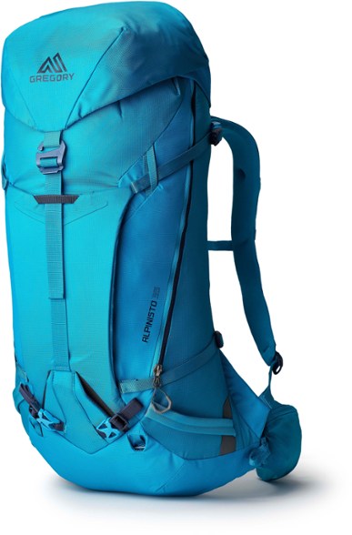 Alpine Explorer 35L Backpack from the front, showcasing its side-access zipper and hipbelt pockets.
