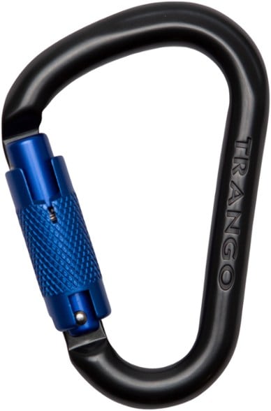 Close-up of Trango Regulock Pro HMS carabiner highlighting wide gate clearance and black finish