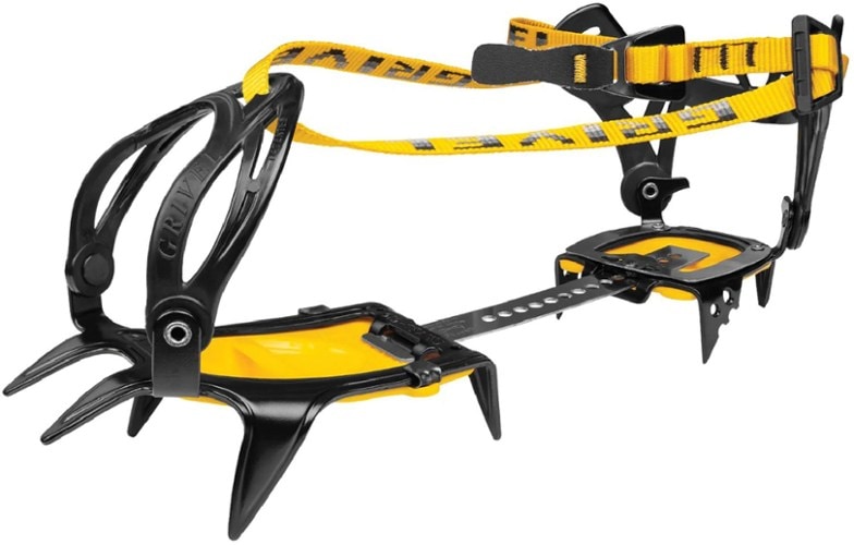 Close-up of Grivel G10 New-Classic EVO crampons showing 10-point design for mountaineering gear