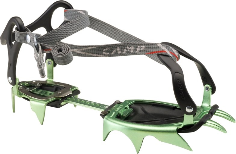 C.A.M.P. XLC 490 crampons displayed on rocky terrain during glacier travel.