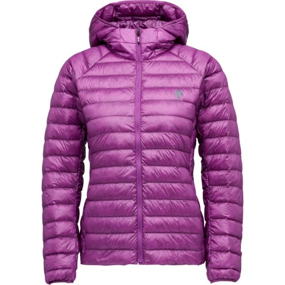 Front view of SummitLite women's packable down jacket hoody, showcasing lightweight insulation and sleek design