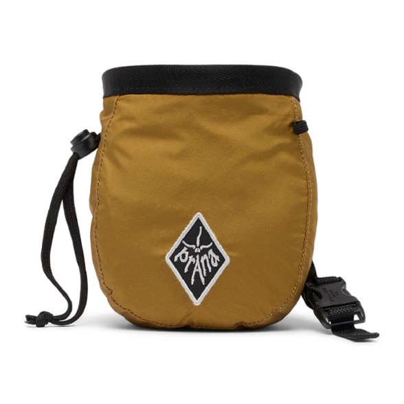 Front view of prAna Originals chalk bag with adjustable drawcord and elastic brush holder for rock climbing gear