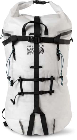 Front view of the waterproof backpack highlighting roll-top design and gear loops for climbing tools.