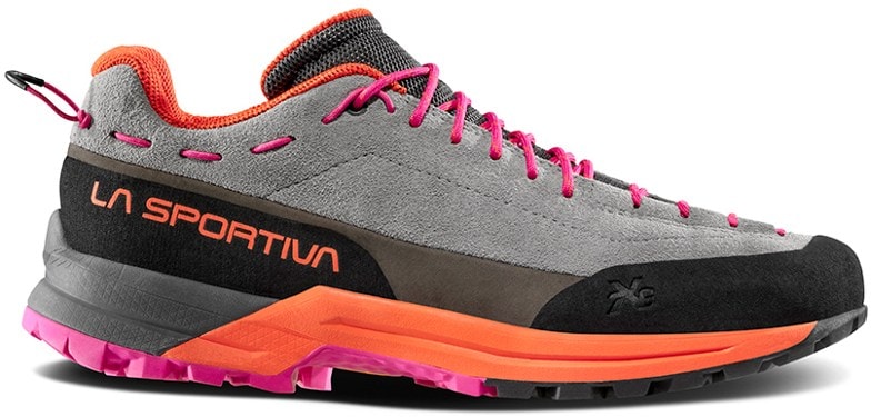 Side view of La Sportiva TX Guide Leather women's climbing shoes showcasing nubuck leather and Vibram outsole