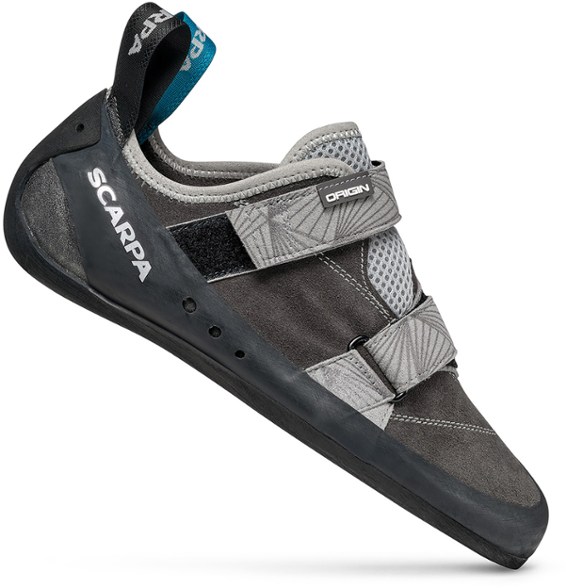Scarpa Origin Men's Climbing Shoes side view, highlighting the suede upper and sticky rubber outsole.