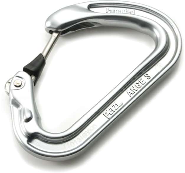Close-up of Petzl Ange S wiregate carabiner highlighting its MonoFil Keylock system.