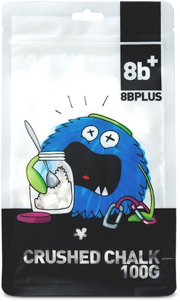 Close-up of 8BPLUS premium crushed climbing chalk showing texture and packaging.