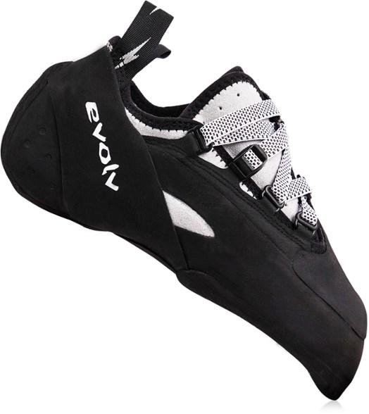 Side view of Evolv Phantom LV women's climbing shoes showing aggressive downturned shape and durable toe rubber