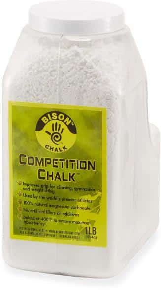 Close-up of Bison ProGrip competition chalk in a chalk bag, highlighting fine magnesium carbonate texture