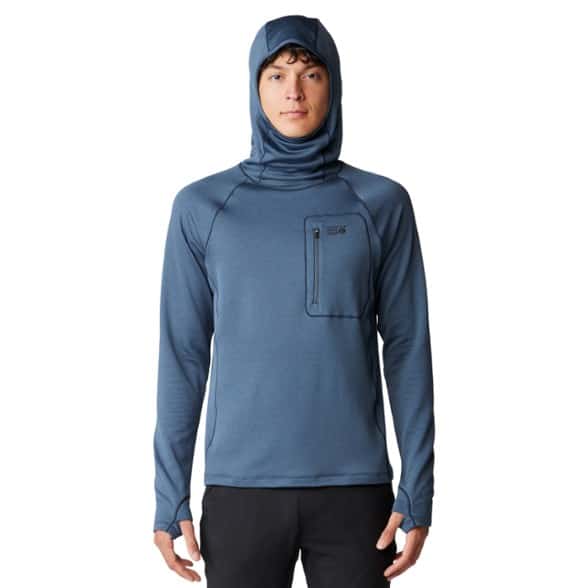Summit Ridge Technical Fleece Hoodie for men in action during rock climbing, emphasizing durability and warmth.