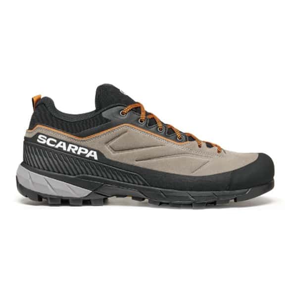 Scarpa Rapid XT approach shoes showing durable suede uppers and Vibram grip