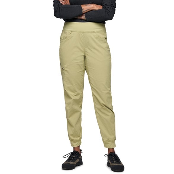 Front view of Pinnacle Flex women's jogger pants with pockets, showing durable stretch fabric and secure zippered thigh pocket