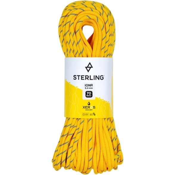Close-up view of the Sterling IonR XEROS 9.4 mm dynamic climbing rope, highlighting its bi-color design.