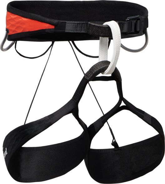 Side view of Black Diamond women's climbing harness showing lightweight gear loops and breathable airNET fabric