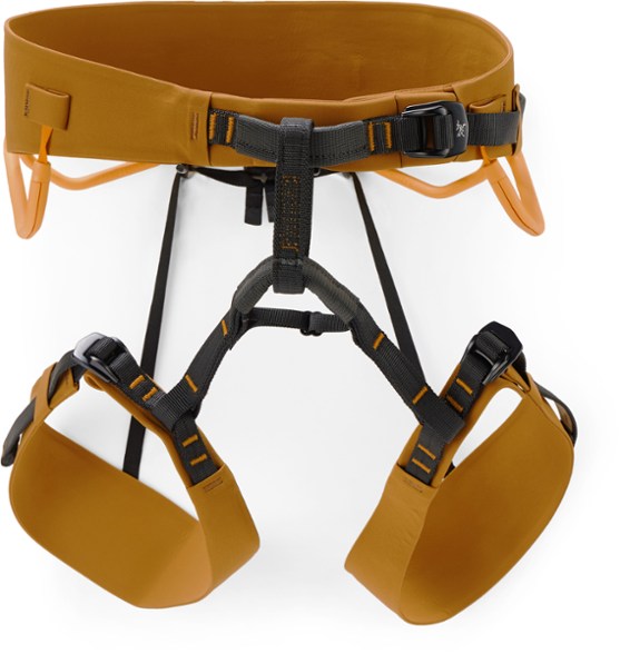 Arc'teryx AR-395a climbing harness in action on a rocky cliff.