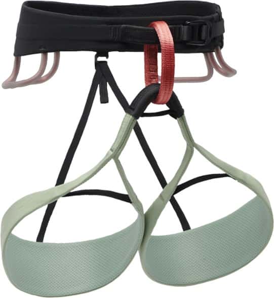 Elevate Women's Climbing Harness front view, highlighting its padded waist and leg loops, perfect for long climbs.