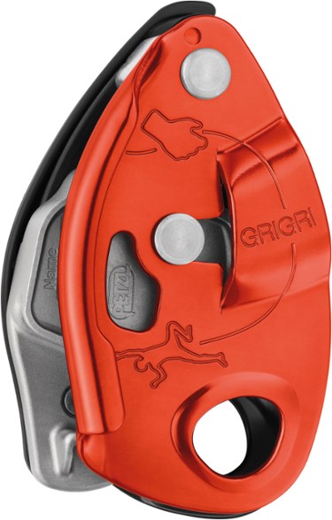Petzl GRIGRI belay device shown from the side, highlighting its ergonomic design.