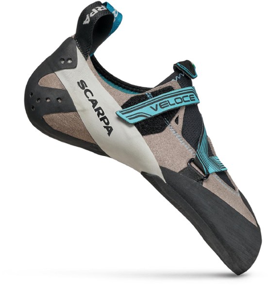 Scarpa Veloce women's climbing shoes from the side, highlighting the adjustable strap and rubber sole.
