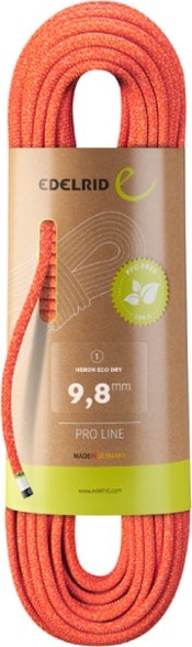 Heron Eco Dry 9.8mm climbing rope coiled for easy use.