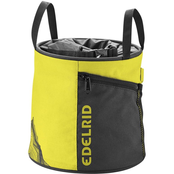 Front view of Herkules Pro large climbing chalk bag showing spacious interior and sturdy base