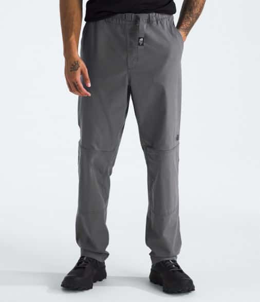 Front view of men's climbing pants showing belt and stretch fabric for comfort