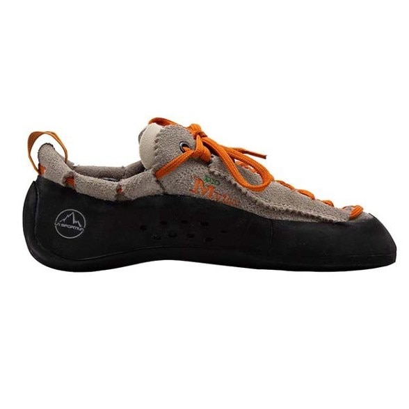 Side view of the La Sportiva Mythos EcoGrip highlighting the recycled rubber sole and lacing system