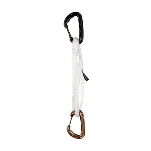 Close-up of Trango Quantum Ultra-Light Alpine Draw showing lightweight carabiner with large wire gate