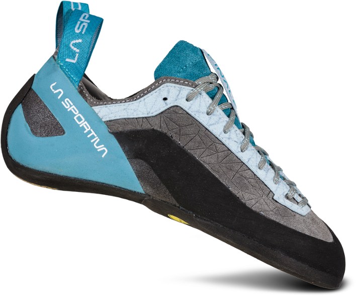 Side view of La Sportiva Finale women’s climbing shoes showing soft leather uppers and lace-up design for rock climbing gear