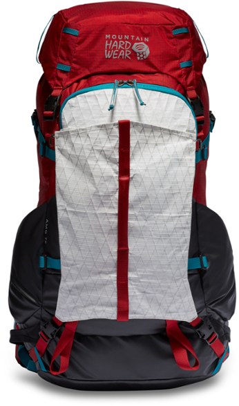 Side view of AMG 75 Mountaineering Backpack with gear attached, highlighting its expandable pockets.