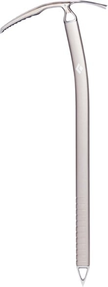 Black Diamond Raven Pro ice axe angled for a clear view of the investment-cast stainless-steel head and pick.