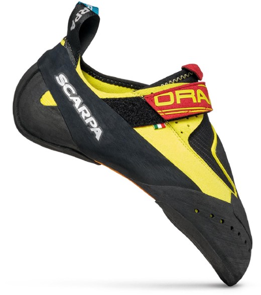 Scarpa Drago climbing shoes showcasing aggressive design and fit for men's bouldering.