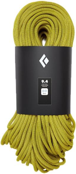 Close-up of Black Diamond 9.4 mm dynamic climbing rope showing durable 2X2 sheath weave